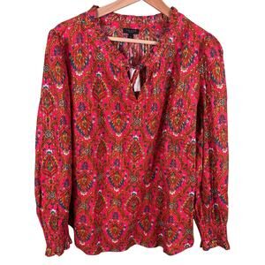 Talbots Blouse Plus Petite Women XP Red‎ Paisley Floral Lattice Ruffle Neck